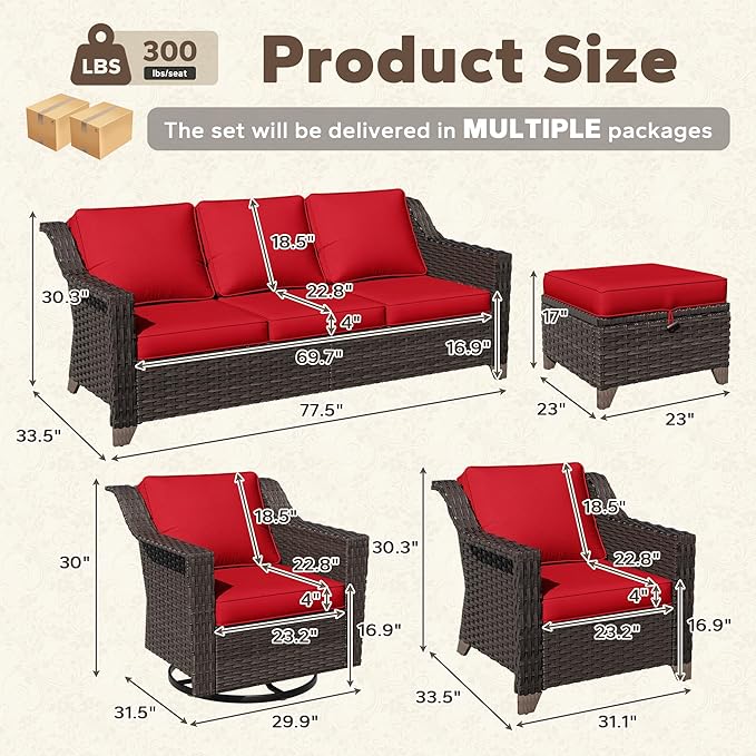 7 Pieces Patio Conversation Furniture Set - 1 Sofa, 2 Armchairs, 2 Ottomans, 2 Swivel Chairs - Photo 2