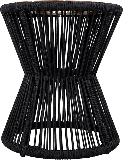 Merax 2 Pieces Round Outdoor Side Table Set, Bohemian Patio Side Tables with Acacia Wood Top and Black Handwoven Rope Base for Garden, Pool, Yard, Elegant Hourglass Design, No Assembly, 18.9" Height