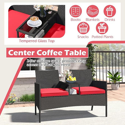 HAPPYGRILL Outdoor Rattan Loveseat, 2-Seat Patio Conversation Set with Built-in Coffee Table, Cushions, Wicker Bench Furniture for Backyard, Garden, Balcony, Porch (Red)
