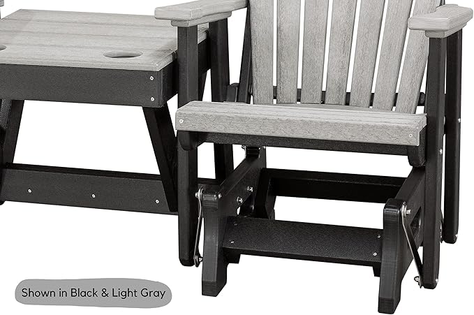 DutchCrafters Slat Fan Back Double Poly Adirondack Glider Outdoor Patio Chairs with Center Table (Black & Cherrywood)