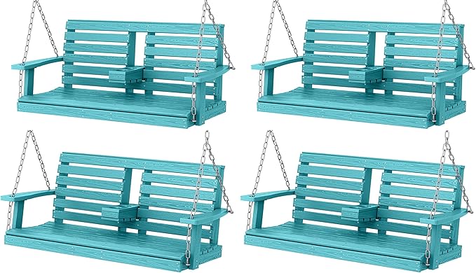 KINGYES Outdoor Hanging Patio Swing Set of 4, 2 Seat Swing Chair with Cup Holders - Photo 1