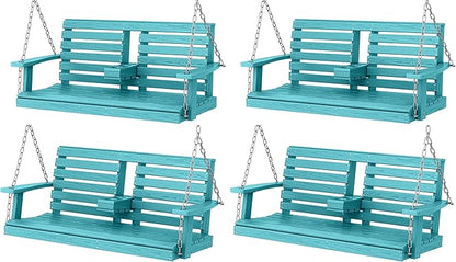 KINGYES Outdoor Hanging Patio Swing Set of 4, 2 Seat Swing Chair with Cup Holders, Waterproof Bench for Courtyard & Garden, 660LBS Weight Capacity, Aruba Blue