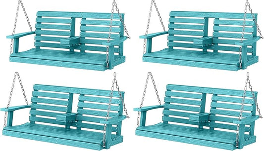 KINGYES Outdoor Hanging Patio Swing Set of 4, 2 Seat Swing Chair with Cup Holders, Waterproof Bench for Courtyard & Garden, 660LBS Weight Capacity, Aruba Blue