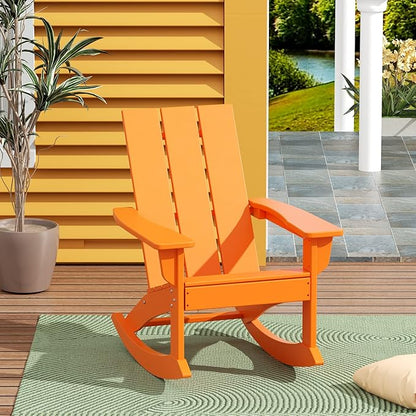 WestinTrends Ashore Patio Rocking Chair, All Weather Poly Lumber Plank Adirondack Rocker Chair, Modern Farmhouse Outdoor Rocking Chairs for Porch Garden Backyard and Indoor, Orange