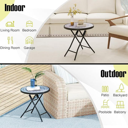 Tangkula Round Folding Side Table, 18 Inch Patio Coffee Table with Tempered Glass Tabletop and Metal Frame, Indoor Outdoor Small Side Table for Yard, Balcony, Porch, Poolside (Grey,1)