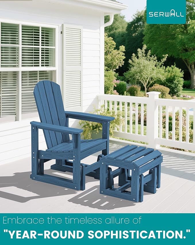 SERWALL Outdoor Glider Chair Set of 2 with Ottoman, HDPE Wood-Like Patio Glider Set All-Weather Porch Glider for Outside - Photo 7