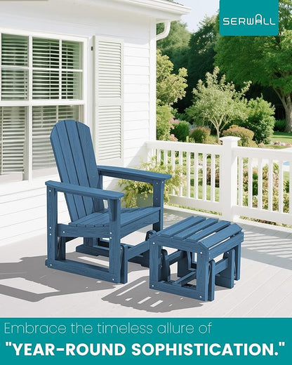SERWALL Outdoor Glider Chair Set of 4 with Ottoman, HDPE Wood-Like Patio Glider Set All-Weather Porch Glider for Outside, Blue