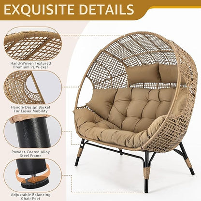 NICESOUL Indoor Outdoor Double Egg Chair with Footstools & 6.5" Thick Cushions, Oversized Wicker Egg Shaped Chair with Footrest, Stationary 2 Seater Comfy Loveseat for Patio Backyard Garden Sunroom