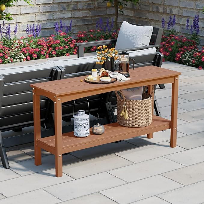 WestinTrends Malibu 55" Outdoor Patio HDPE Adirondack 2-Tier Shelf Console Table, Teak