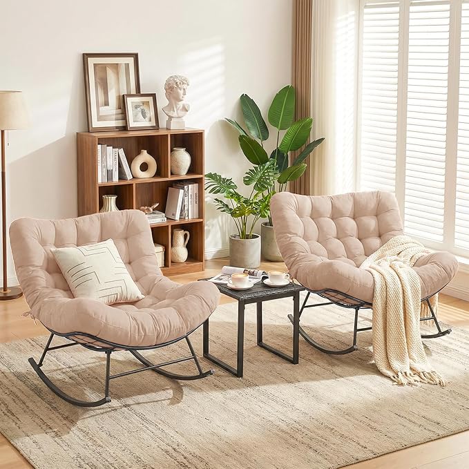 Outdoor Rocking Chairs Set of 2 with Wicker Side Table, Thick Cushioned Papasan Rocking Chairs with End Table, 3PCS Oversized Egg Chair Set for Patio, Porch, Balcony, Bedroom, Living Room, Beige