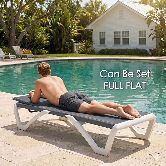 Kozyard Outdoor Chaise Lounge Chair, Full Flat Adjustable Patio Lounger with Aluminum Frame & Resin Legs, Textilene Fabric for Poolside, Backyard & Beach (Gray Without Table)