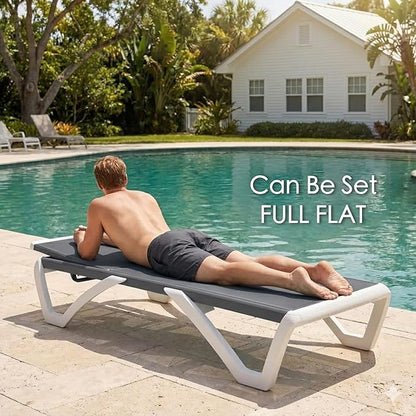 Kozyard Outdoor Chaise Lounge Chair, Full Flat Adjustable Patio Lounger with Aluminum Frame & Resin Legs, Textilene Fabric for Poolside, Backyard & Beach (Gray, Chair with Table)
