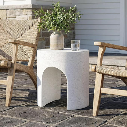 HOMPUS Outdoor Side Table w Hollow Arch, Concrete End Table, Round Patio MgO Coffee Lightweight Table, Modern Accent Vintage Garden Planter Stand for Indoor Outdoor Use, Spotted White