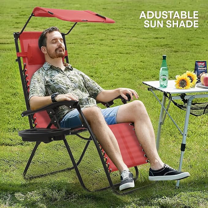 Athena Collection Patio Chairs Set of 2 Reclining Lounge Chair with Cup Holder and Pillow Fabric Camping Chairs with Canopy Foldable Beach Chairs for Garden, Park, Deck, Yard, Poolside, Maroon