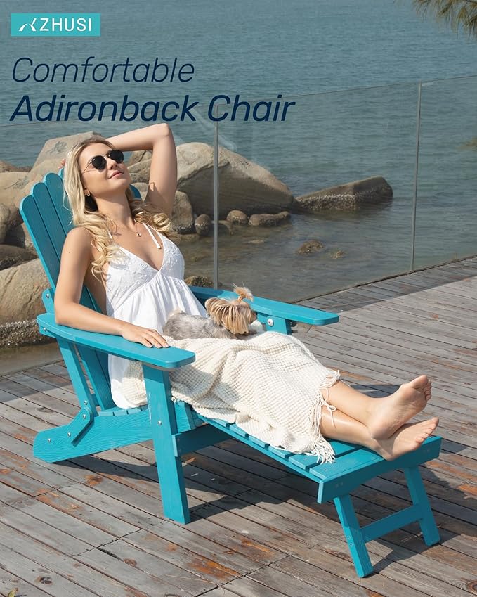 ZHUSI Folding Adirondack Chairs Set of 6 with Retractable Ottoman, Adjustable Adirondack Chair with 2 Cup Holders, Outdoor Chairs for Porch Patio Lawn Balcony Weather Resistant, Lake Blue