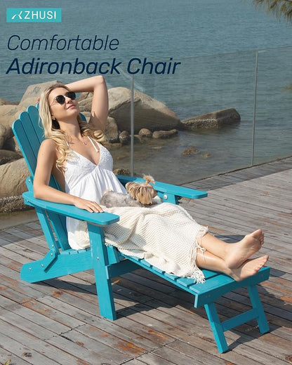 ZHUSI Folding Adjustable Adirondack Chair with Retractable Ottoman, Adirondack Chair with 2 Cup Holders, Outdoor Chairs for Porch Patio Lawn Balcony Weather Resistant (Lake Blue, 1 pcs)