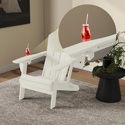 Foldable Adirondack Chair with Cup Holder-Heavy Duty Recycled HDPE Outdoor Patio Furniture, Weather Resistant Deck Lawn Fire Pit Chair (White, 1 Chair)