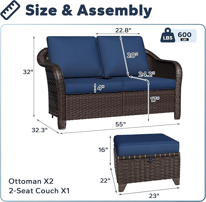 3 Pieces Patio sectional Sofa Set, Outdoor Conversation Furniture Set, 55" Patio Couch with 2 Ottomans - Photo 2