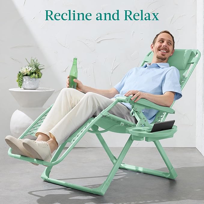 Best Choice Products Adjustable Zero Gravity Chair, Monochromatic Color Folding Patio Recliner w/Side Tray, Headrest - Mint