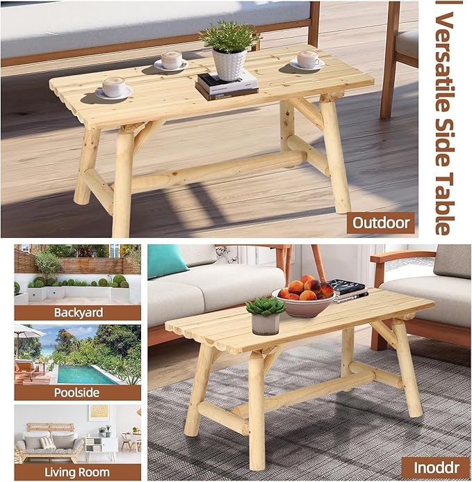HOMEDIARY Outdoor Wood Rocking Bench Set, Patio Bistro Set-2 Person Rustic Adirondack Log Rocker with Side Table, Slatted Seat/High Backrest, Patio Rocking Furniture Set for Garden Backyard, Natural