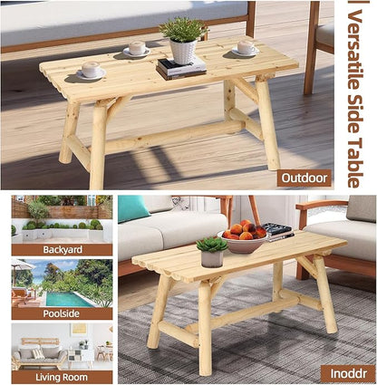 HOMEDIARY Outdoor Wood Rocking Bench Set, Patio Bistro Set-2 Person Rustic Adirondack Log Rocker with Side Table, Slatted Seat/High Backrest, Patio Rocking Furniture Set for Garden Backyard, Natural