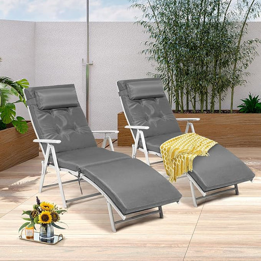 Giantex Chaise Lounge Chair for Outside, Pool Folding Reclining Beach Chair W/Removable Cushion&Headrest Pillow, Outdoor Lounge Chaise w/ 7 Backrest Positions, Portable Patio Lounger (2, Grey)