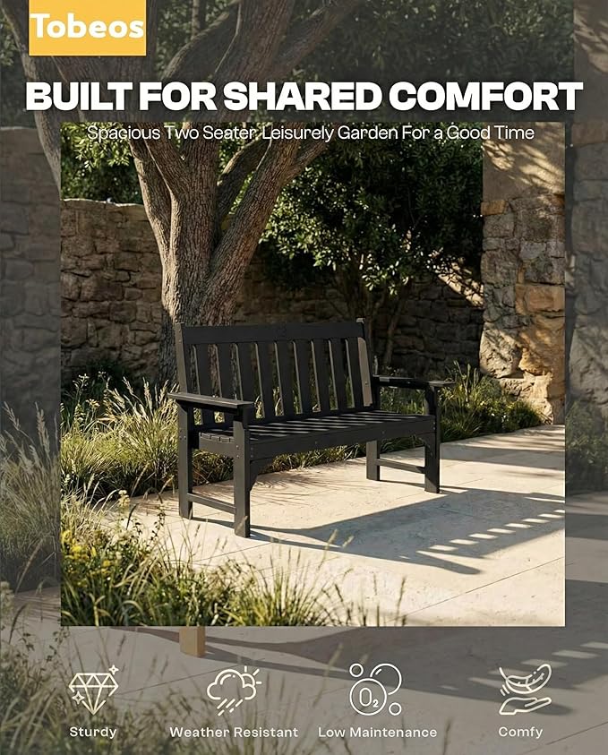 2-Person Outdoor Garden Bench, HDPE All-Weather Patio Bench with Backrest & Armrests, Heavy Duty Outdoor Seating for Porch, Backyard & Park, 660 lbs (Black, 1 Bench)