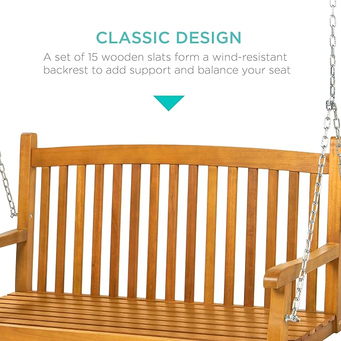 Best Choice Products 48in Wood Porch Swing Outdoor Patio Hanging Bench Chair Furniture for Deck, Garden - Photo 6