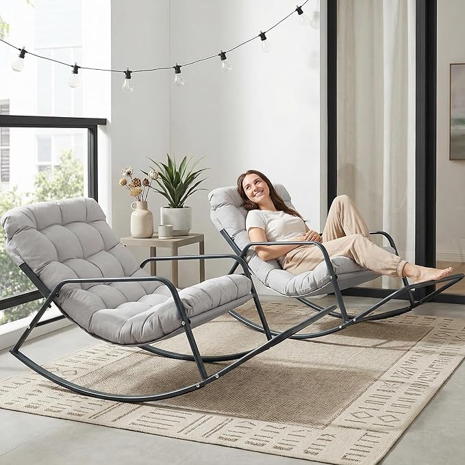 BULEXYARD Grey 2 Pcs Oversized Indoor Outdoor Lounge Royal Rocking Chair with Armrest Footrest for Napping Relaxing, Heavy Duty Patio Reclining Papasan Rocker Chair with Padded Cushion