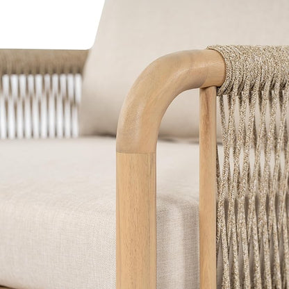 Christopher Knight Home Casper Acacia Wood Lounge Chair Outdoor with Removable Cushion, Wooden Patio Accent Chair with Woven Rope Details, Outdoor Armchair for Patio Furniture Set, Light Teak+Beige