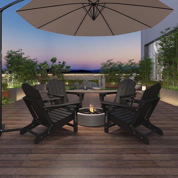 Mdeam 3-Level Adjustable Adirondack Chair with Retractable Ottoman, HDPE All-Weather Folding Fire Pit Chair with 2 Cup Holders, Outdoor Chair for Deck Patio Garden Backyard Lawn (Black)