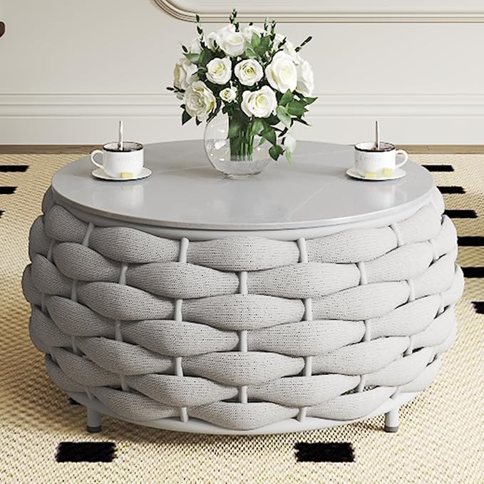 TWT Outdoor Coffee Table for Patio Table Rope Patio Coffee Table Lawn Garden Small Coffee Table with Rock Slab Top All-Weather, 25.6in(Textilene Rope, Light Grey)