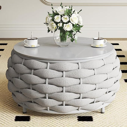 TWT Outdoor Coffee Table for Patio Table Rope Patio Coffee Table Lawn Garden Small Coffee Table with Rock Slab Top All-Weather, 25.6in(Textilene Rope, Light Grey)