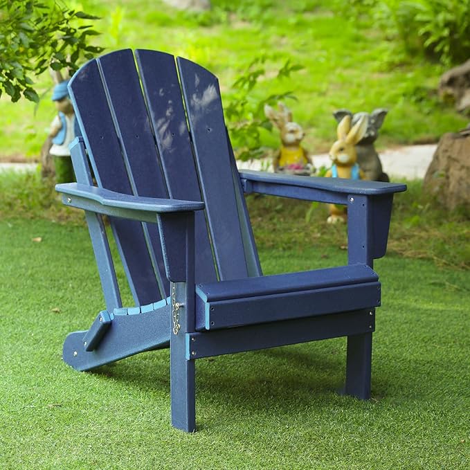 Folding Adirondack Chair, All-Weather Fire Pit Chairs, Oversized All Weather Resistant Outdoor Adirondack Chair for Firepit Area BBQ Beach Deck Garden Lawn Backyard Pool (Navy Blue)