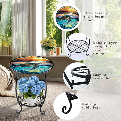 Outdoor Side Table Round Small Mosaic Patio Accent Indoor End Plant Coffee Tea Table for Yard Patio Porch Garden Living Room, Bedroom(Turtle Style,12 Inch)