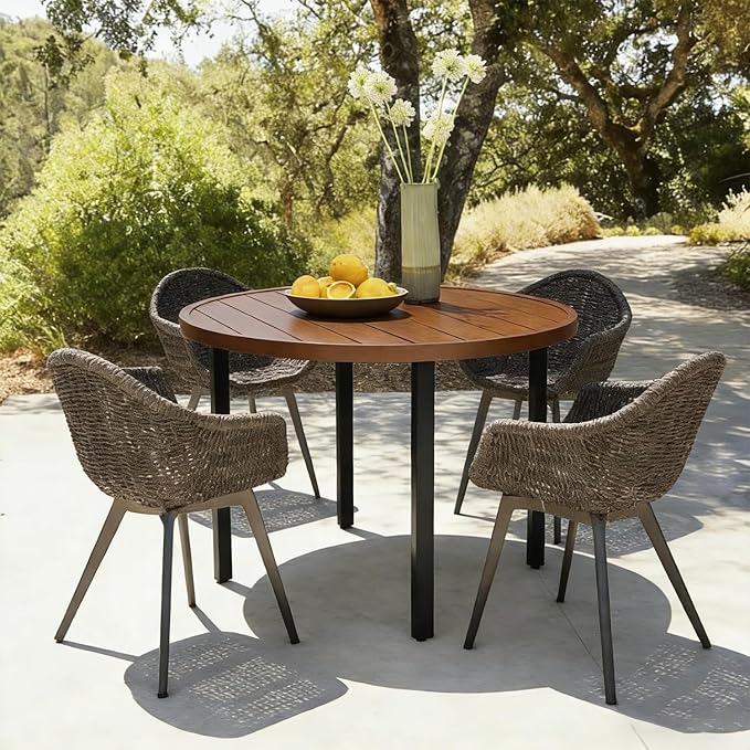 All-Weather 42" Round Outdoor Patio Table for 4, Metal Walnut Dining Table with Adjustable Umbrella Hole, Garden, Backyard & Deck Bistro Table