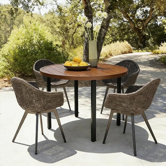 All-Weather 42" Round Outdoor Patio Table for 4, Metal Walnut Dining Table with Adjustable Umbrella Hole, Garden, Backyard & Deck Bistro Table