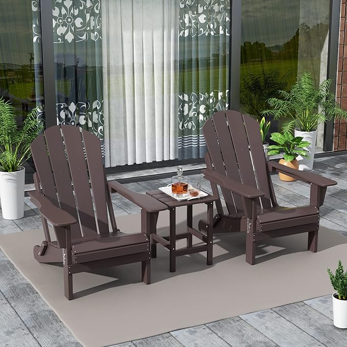 WestinTrends Malibu 3-Pieces Adirondack Chairs Set with Side Table, All Weather Outdoor Seating Plastic Patio Lawn Chair Folding for Outside Porch Deck Backyard, Dark Brown