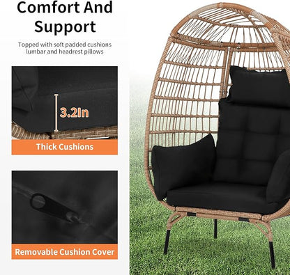 PayLessHere Egg Chair Egg Basket Rattan Chair Steel Frame Oversized Indoor Outdoor Lounger Simple Installation with 4 Comfort Cushion and Stand,352lb Capacity for Patio Garden Living Room，Black
