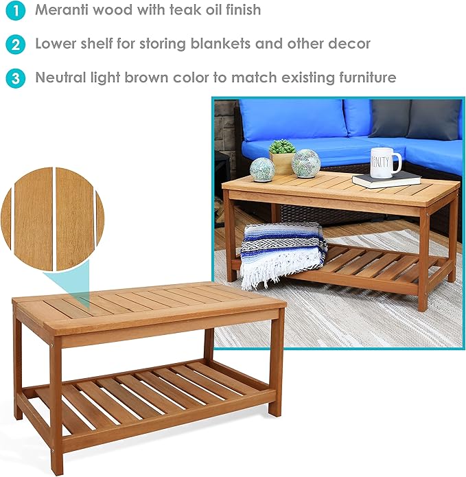 Sunnydaze Meranti Wood Outdoor Coffee Table with Storage Shelf for Living Room, Patio, or Outside – 35-Inch Rectangular Wooden Coffee Table – Ideal for Backyard Living – Teak Finish