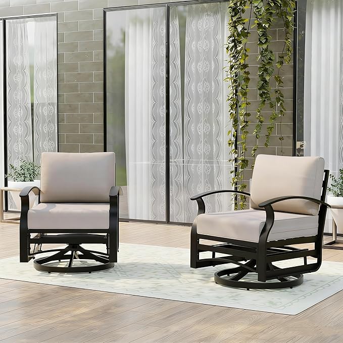 Gotland 2 Piece Patio Set, Metal Outdoor Swivel Chairs Set of 2 with 5.1’’ High-Resilience Seat Cushions 6.2’’ Back Pillow Removable Cushions for Backyard, Lawn, Porch, Khaki