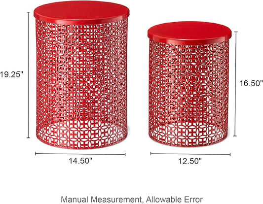Glitzhome Outdoor Side Table Set of 2, Decorative Garden Stool for Patio Heavy Duty Metal Frame Accent Table Modern End Table, Glossy Red