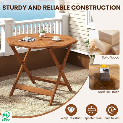 Tangkula 35.5" Octagonal Patio Dining Table, Hardwood Outdoor Bistro Table with Slatted Tabletop, 1.97" Umbrella Hole & Teak Oil Finish, Outside Table for Porch Balcony Deck Poolside Yard