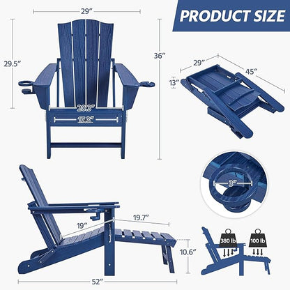 Yaheetech Adirondack Chair with Retractable Ottoman, All Weather Patio Folding Fire Pit Chair with Cup Holder and Phone Holder for Outdoor Poolside, Navy Blue