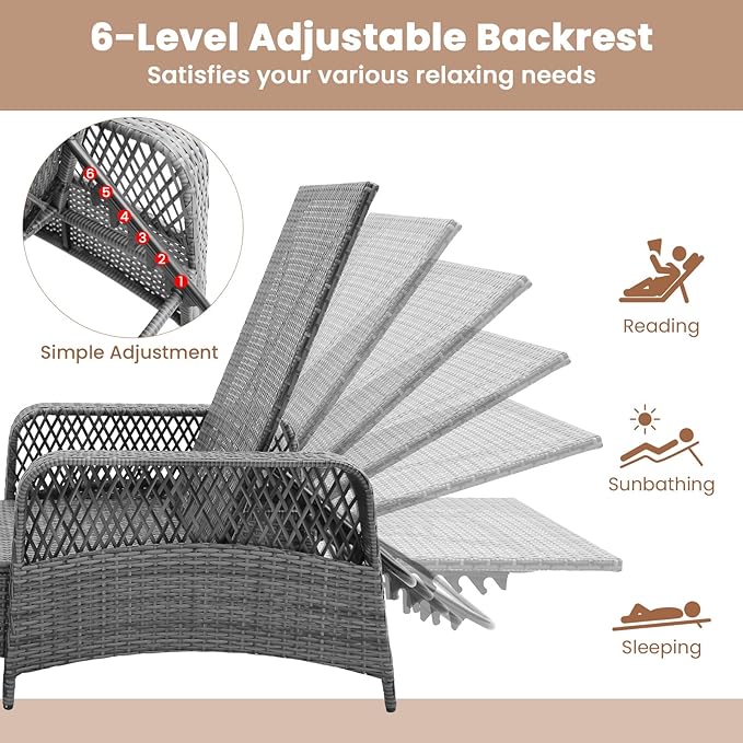 Tangkula Wicker Chaise Lounge Outdoor, Patio Rattan Reclining Chaise with 6-Gear Adjustable Backrest, Thick Padded Cushion & Removable Lumbar Pillow, Pool Lounge Chairs for Outside Balcony Backyard