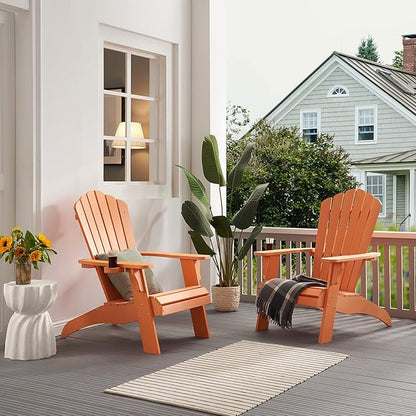 Psilvam Adirondack Chair, Oversized Poly Lumber Fire Pit Chair with Cup Holder, 350Lbs Support Patio Chairs for Garden, Weather Resistant Outdoors Seating, Relaxing Gift for Father & Mother (Orange)