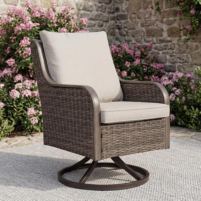 Loungewave Swivel PE Wicker Chair, Outdoor High Back Swivel Patio Chair, 360 Degree Outdoor Swivel Chair with Cushion, Patio Furniture for Porch Balcony Garden, Poolside (Brown/Beige)