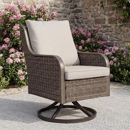 Loungewave Swivel PE Wicker Chair, Outdoor High Back Swivel Patio Chair, 360 Degree Outdoor Swivel Chair with Cushion, Patio Furniture for Porch Balcony Garden, Poolside (Brown/Beige)