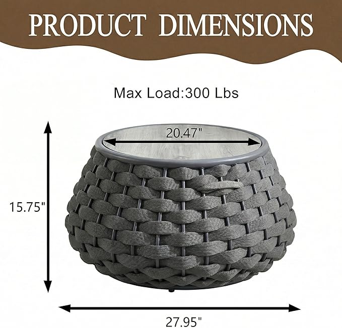 Outdoor Side Table, Coffee table, Large Patio End Table with Removable Lid Round Accent Side Tables with Metal Frame and Hollow Out Bottom for Patio, Balcony Porch, Poolside, Garden, Yard, Gray