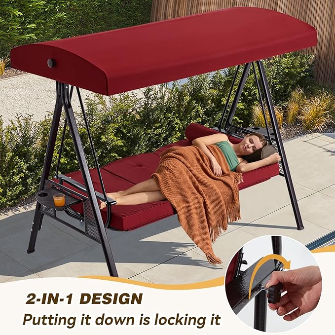 3 in 1 Outdoor Porch Swing with Adjustable Canopy, 3 Seat Outdoor Swing for Adults - Photo 2